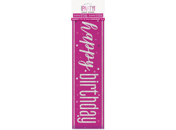 Rosa & Sølv Glitz - "Happy Birthday" 1 Foliebanner - 2,9m