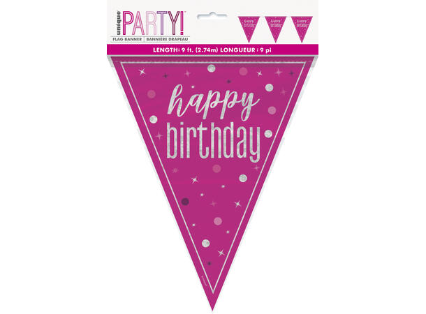 Rosa & Sølv Glitz "Happy Birthday" 1 Flaggbanner i plast - 2,9m