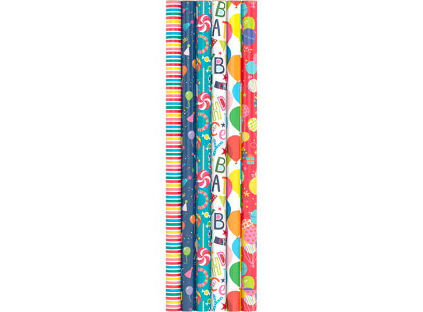 6 Assorterte gavepapir - Bursdag 1 display m/60 ruller - 70x200cm