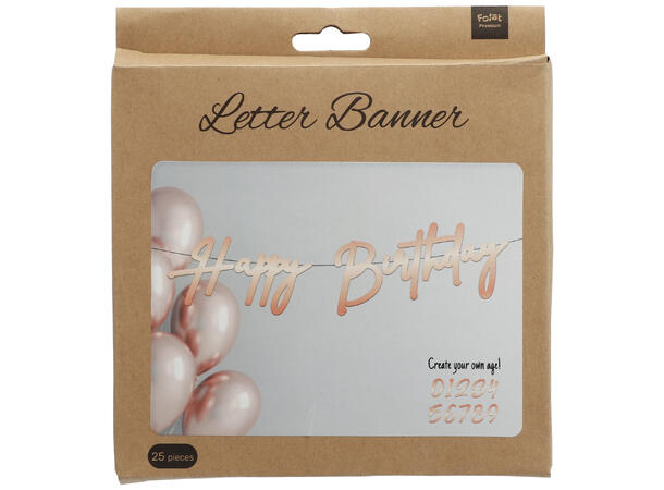 Banner rosegull - "Happy ** Birthday" 1 Bokstavbanner m/tall i papir - 14cm/1m