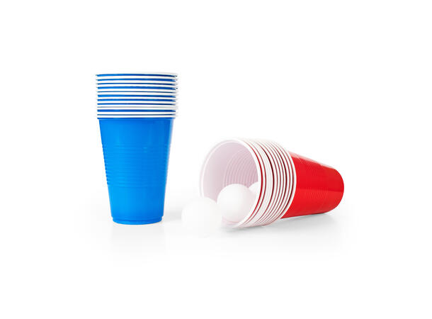 Beer Pong set i plast 12+12 røde/blå kopper 4,7dl  - 4 baller