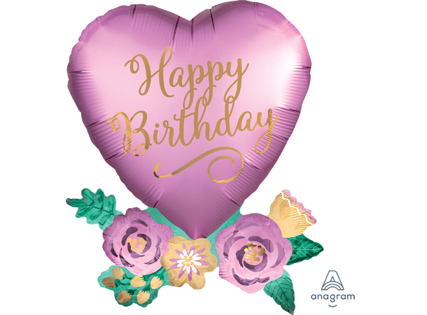 Birthday Satin Heart with Flowers 1 Stor folieballong med form - 58x76cm