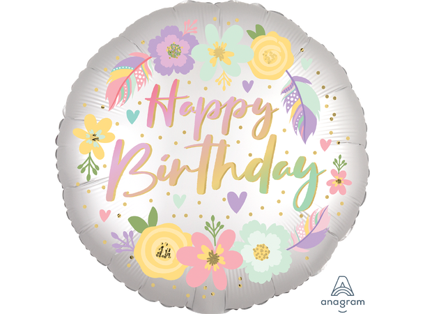 Boho Birthday Satin Flowers 1 Folieballong - Rund - 18" (43cm)