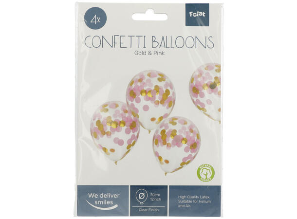 Gjennomsiktig med Gull og Rosa konfetti 4 Konfettballonger - 30cm (12")