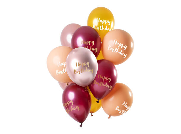 Happy Birthday - Rosa, Gull, Fersken 12 Gummiballonger - 12" (30cm)