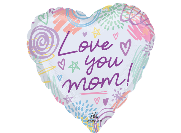 Love You Mom Sweet Scribbles 1 Folieballong - Hjerte - 28" (71cm)