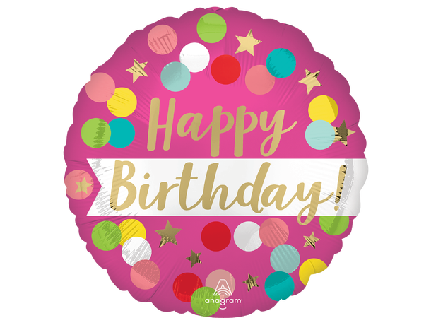 Satin Happy Birthday Pink Confetti 1 Folieballong - Rund - 18" (43cm) 