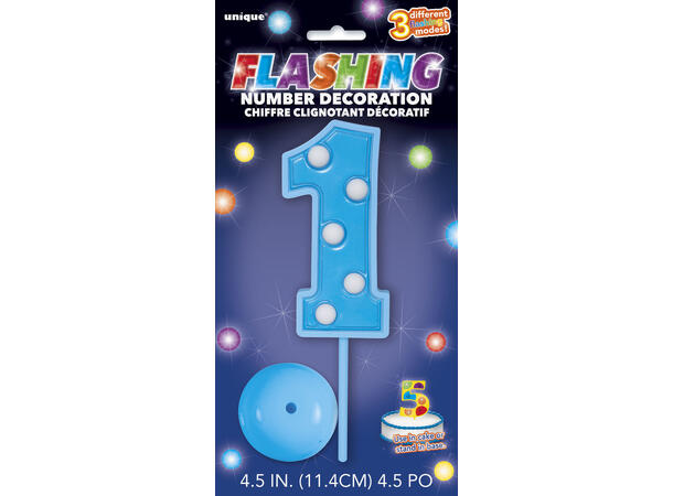 Blinkende Nummer ”1” - Blå 1 Kakedekorasjon med LED-lys - 11,5cm