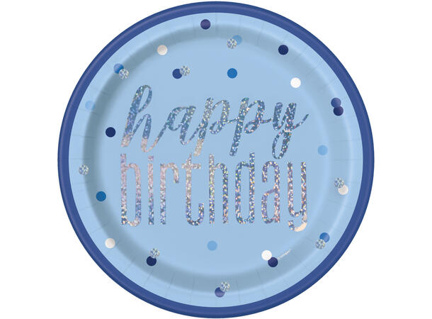 Blå & Sølv Glitz - "Happy Birthday" 8 Runde tallerkener i papp - 23cm