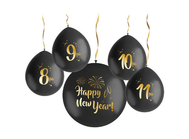 Nedtelling til Nyttår - Black & Gold HNY 5 Gummiballonger 33cm + 61cm(m/konfetti)