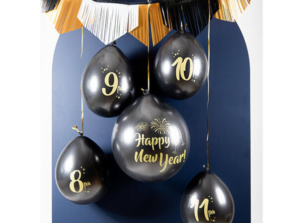 Nedtelling til Nyttår - Black & Gold HNY 5 Gummiballonger 33cm + 61cm(m/konfetti)