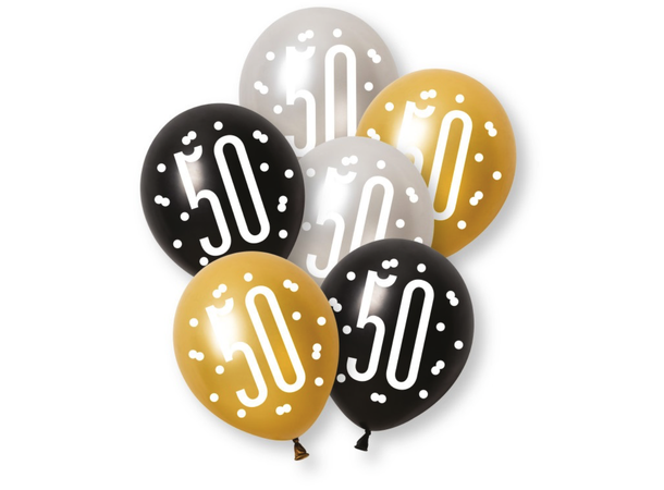 Sort & Sølv Glitz - #50 6 Gummiballonger - 30cm (12") - 3 farger