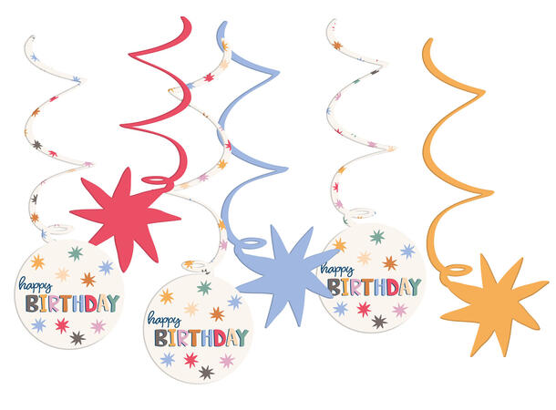 Star Burst - "Happy Birthday" 6 Hengedekorasjoner i papir - 60cm