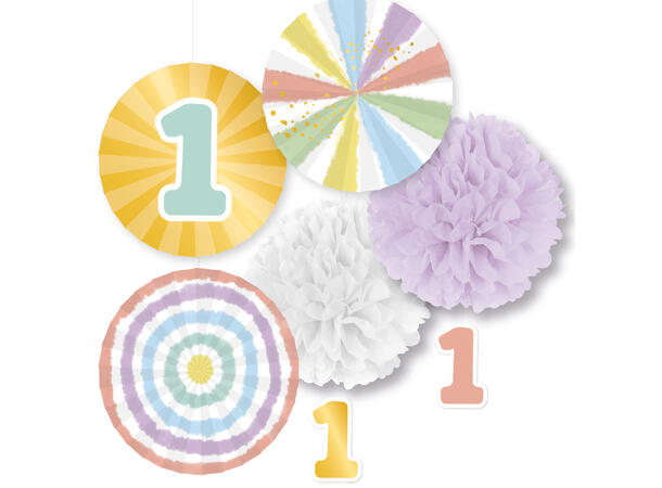 1st Birthday Rainbow 1 Dekorsett Pom-Pom og vifter - 5 deler