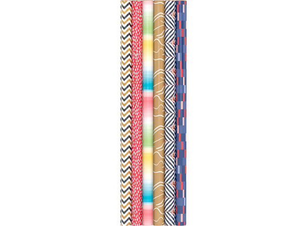 6 Assorterte gavepapir - Div mønster 1 display m/60 ruller - 70x200cm