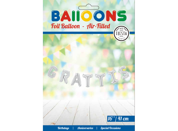 Ballongord - 'Grattis' - Sølv 1 Ballongord - 41cm (16")