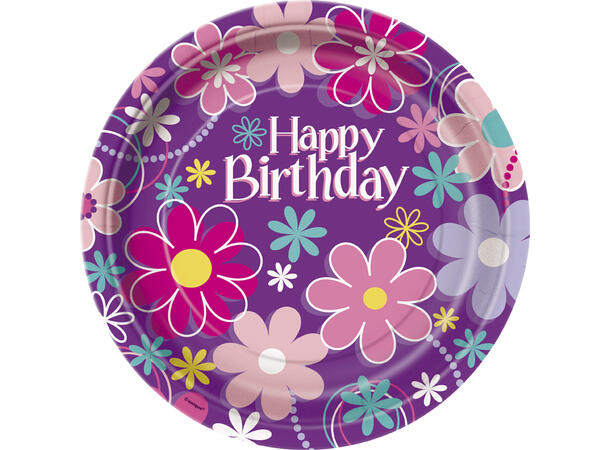 Birthday Blossom 8 Runde tallerkener i papp - 23cm