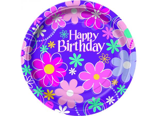 Birthday Blossom 8 Runde tallerkener i papp - 23cm