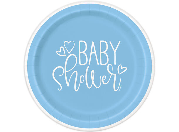 Blue Hearts Baby Shower 8 Runde tallerkener i papp - 18cm