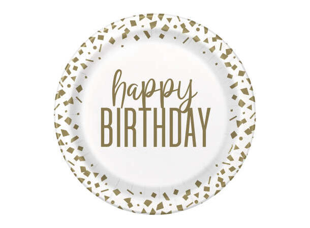 Confetti Gold Birthday 8 Runde tallerkener i papp - 23cm