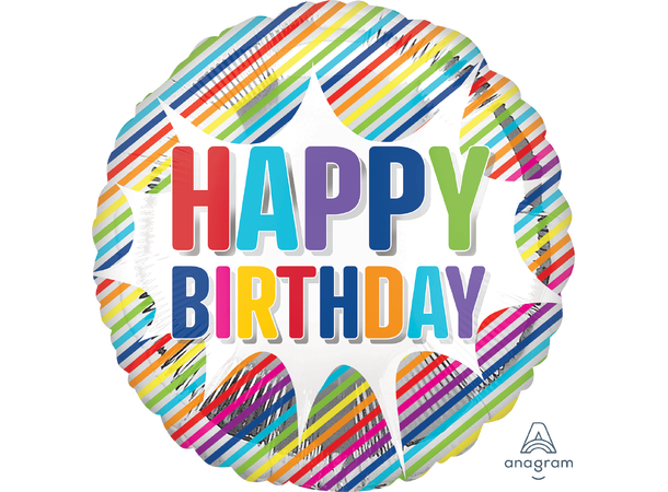 Happy Birthday - Striped Burst 1 Folieballong - Rund - 18" (43cm)