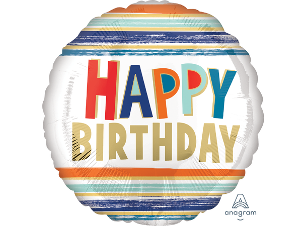 Happy Birthday Letters and Stripes 1 Folieballong - Rund - 18" (43cm)