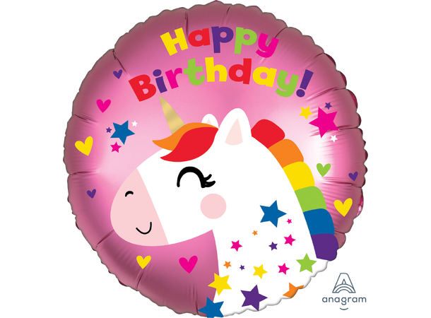 Satin Unicorn Birthday 1 Folieballong - Rund - 18" (43cm) 
