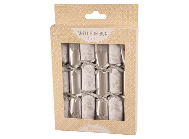 Smell Bon-Bon hvit/sølv med sløyfe 2ass 6 stk 15 cm lange, med knall,vits & hatt