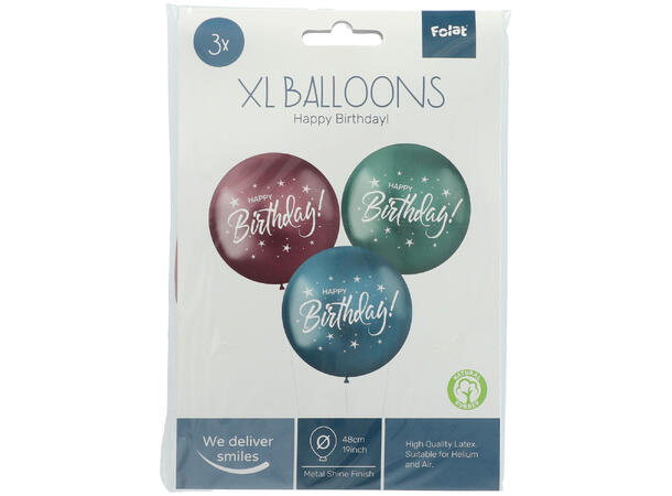 Stellar - "Happy Birthday" - 3 farger 3 Gummiballonger - 48cm (19")