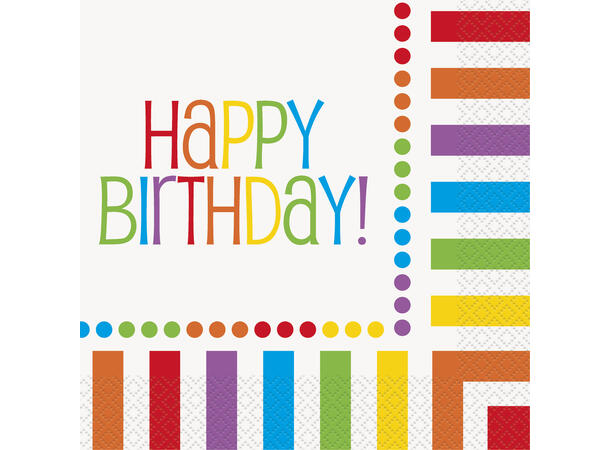 "Happy Birthday" - Regnbuebursdag 16 Lunchservietter - 33x33cm