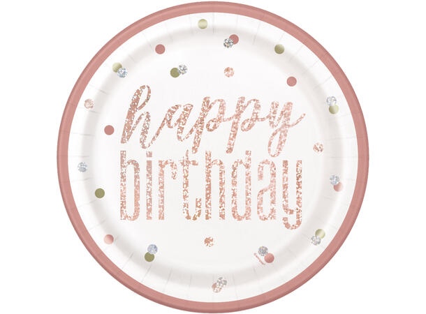 Rosegull Glitz - "Happy Birthday" 8 Runde tallerkener i papp - 23cm
