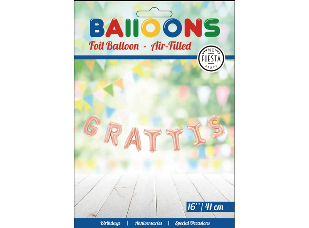 Ballongord - 'Grattis' - Rosegull 1 Ballongord - 41cm (16")