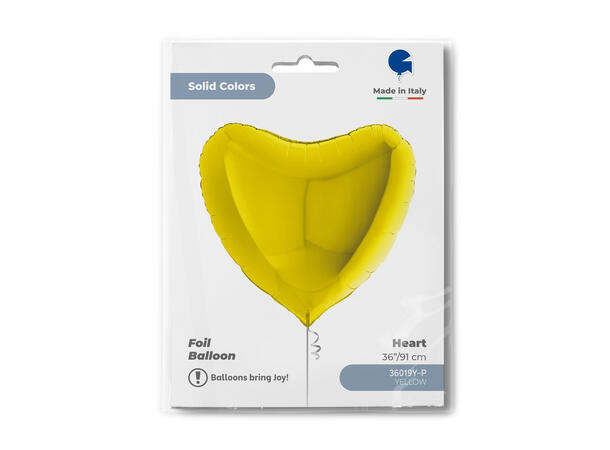Ensfarget - Yellow 1 Folieballong - Hjerte - 36" (91cm)