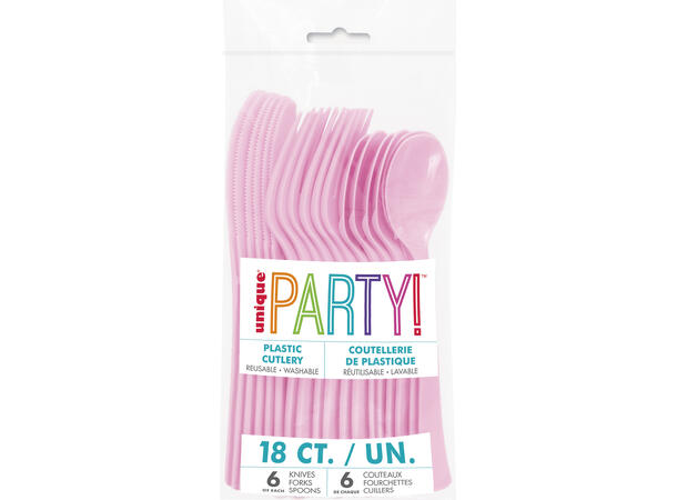 Ensfarget Lys Rosa Plastbestikk 18 deler - 6 kuverter