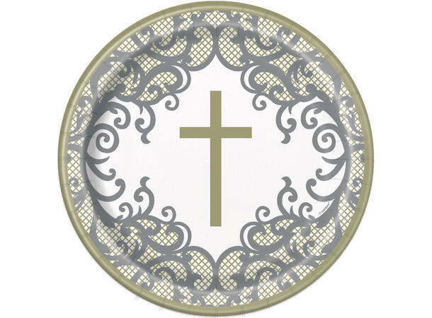 Fancy Gold & Silver Cross 8 Runde tallerkener i papp - 23cm