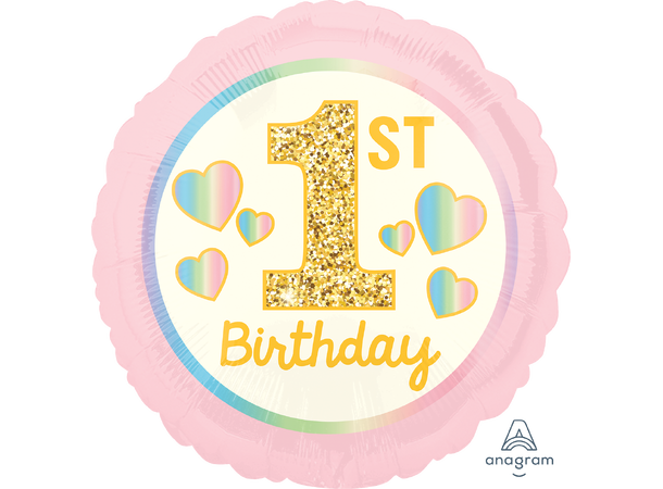 Girl 1st Birthday Pink & Gold 1 Folieballong - Rund - 18" (43cm)