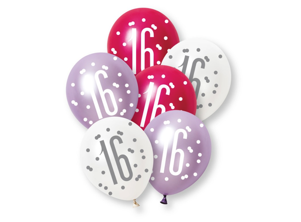 Rosa & Sølv Glitz - #16 6 Gummiballonger - 30cm (12") - 3 farger