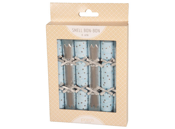Smell Bon-Bon lys blå/sølv m/sløyfe 2ass 6 stk 15 cm lange, med knall,vits & hatt 