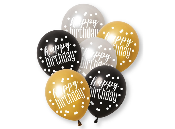 Sort & Sølv Glitz - "Happy Birthday" 6 Gummiballonger - 30cm (12") - 3 farger