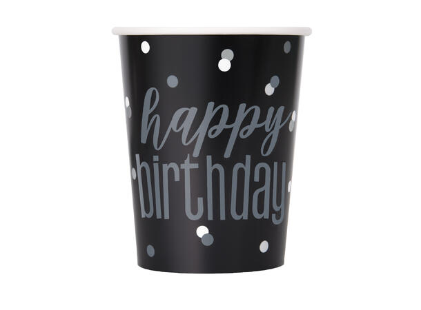 Sort & Sølv Glitz - "Happy Birthday" 8 Kopper i papp - 2,5dl