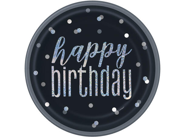 Sort & Sølv Glitz Prism-"Happy Birthday" 8 Runde tallerkener i papp - 23cm 