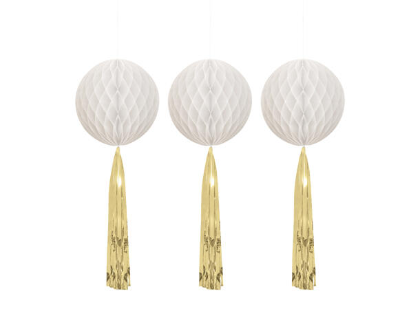 Hvite honeycomb med gulltassel 3 Honeycomb dekor m/Tassels