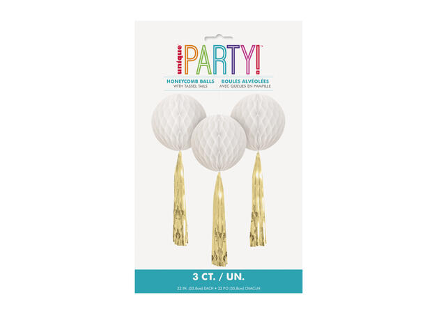 Hvite honeycomb med gulltassel 3 Honeycomb dekor m/Tassels