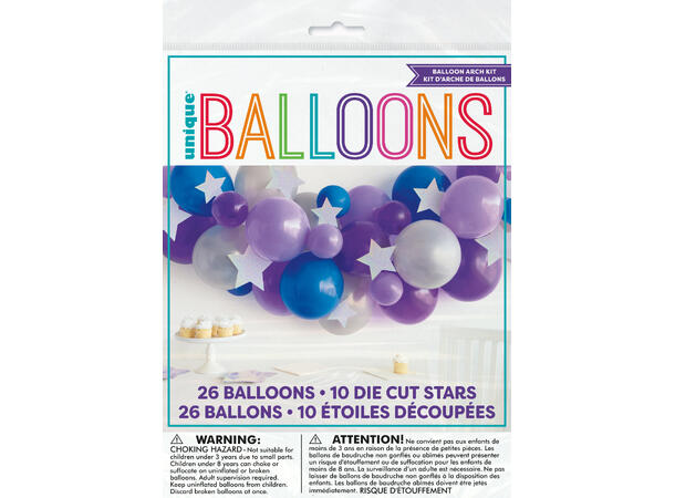 Lavendel,Lilla,Blå,sølv m/stjerner 1 Ballongdekor -26 ballonger/10 stjerner