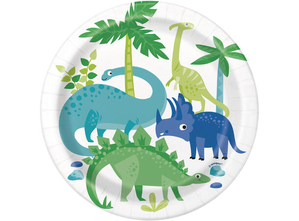 Blue & Green Dinosaur 8 Runde tallerkener i papp - 18cm