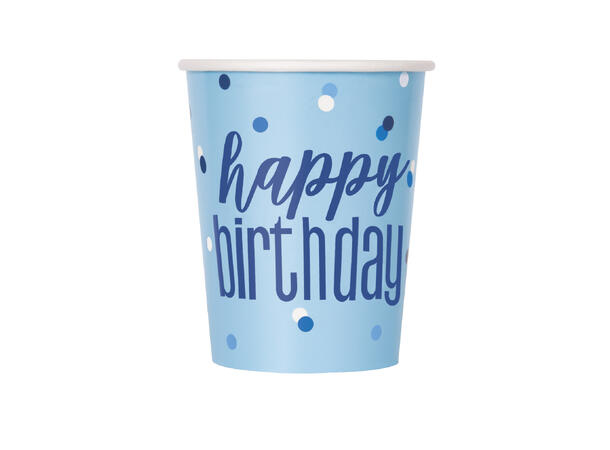 Blå & Sølv Glitz - "Happy Birthday" 8 Kopper i papp - 2,5dl
