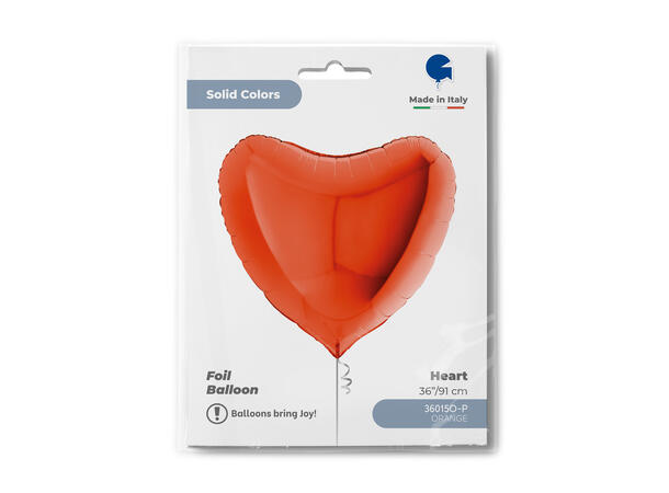 Ensfarget - Orange 1 Folieballong - Hjerte - 36" (91cm)