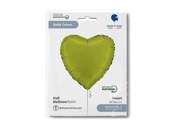 Ensfarget - Satin Matcha Latte 1 Folieballong - Hjerte - 18" (43cm) 