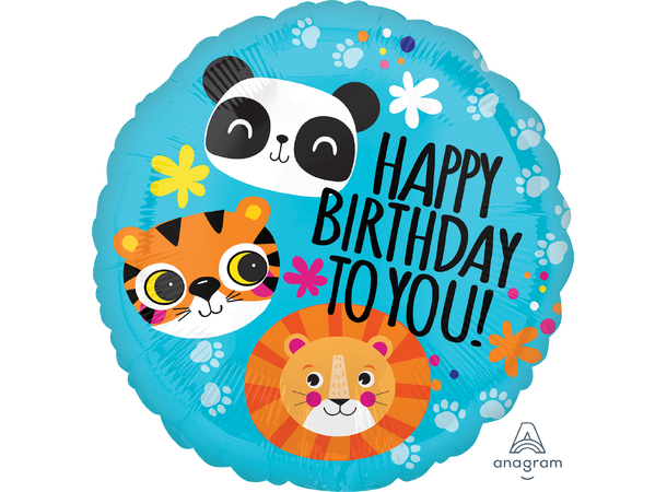 Lion, Tiger and Panda - Happy Birthday 1 Folieballong - Rund - 18" (43cm)
