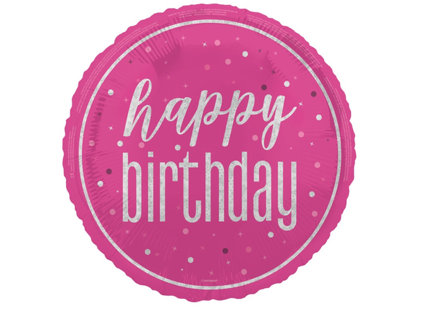 Rosa & Sølv Glitz - "Happy Birthday" 1 Folieballong - 46cm(18")